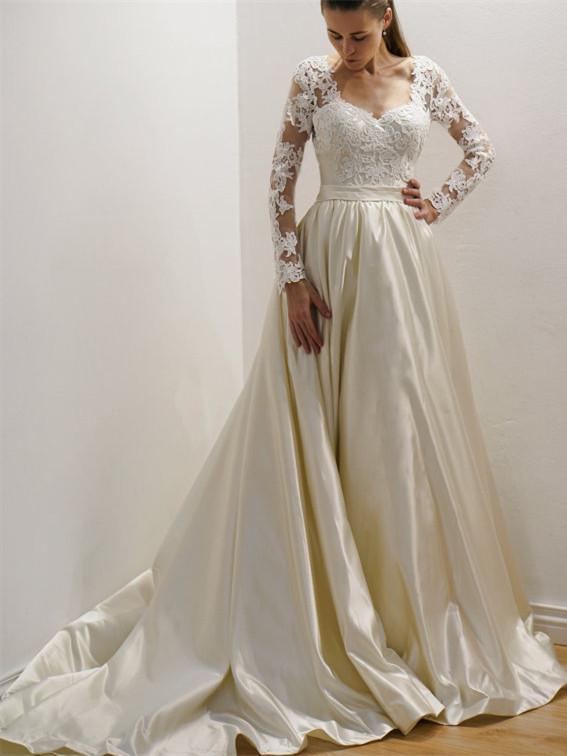 Cheap See Through Lace Long Sleeve Wedding Dresses Online, WD359 - SposaBridal