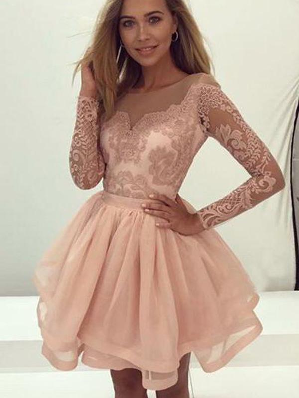 Charming Lace Long Sleeves Illusion Short Cheap Homecoming Dresses 201 SposaBridal Charming Lace Long Sleeves Illusion Short Cheap Homecoming Dresses 201 SposaBridal