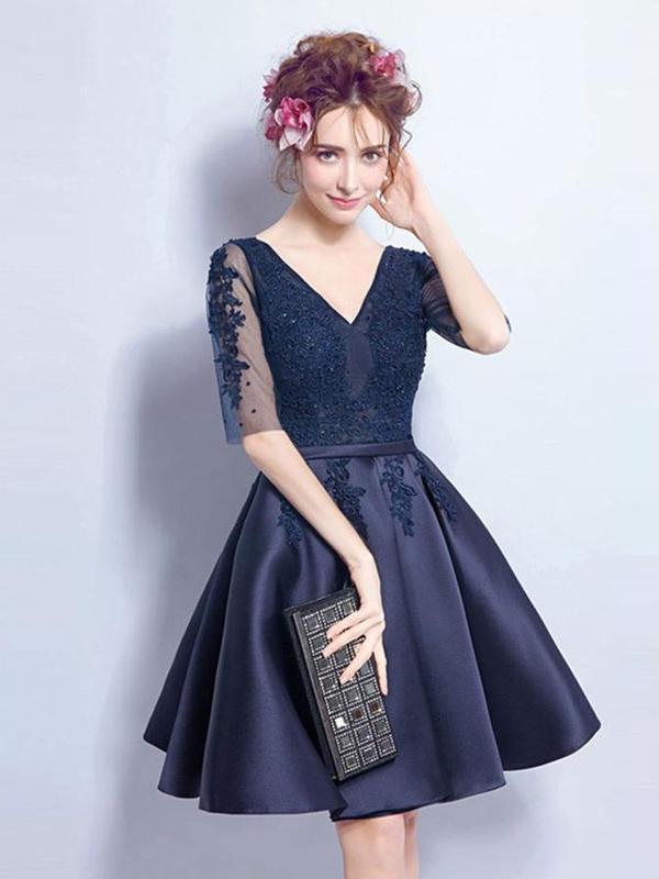 Cheap Short Cute Long Sleeve Lace Navy Homecoming Dresses 2018, CM468 SposaBridal Cheap Short Cute Long Sleeve Lace Navy Homecoming Dresses 2018, CM468 SposaBridal