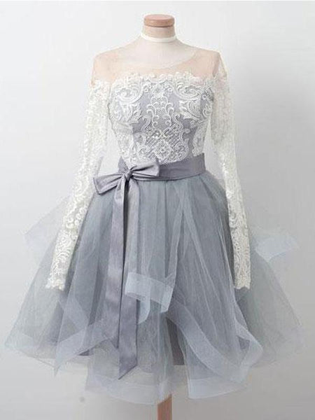 Long Sleeves Lace Grey Short Cheap Homecoming Dresses Online, CM576   SposaBridal