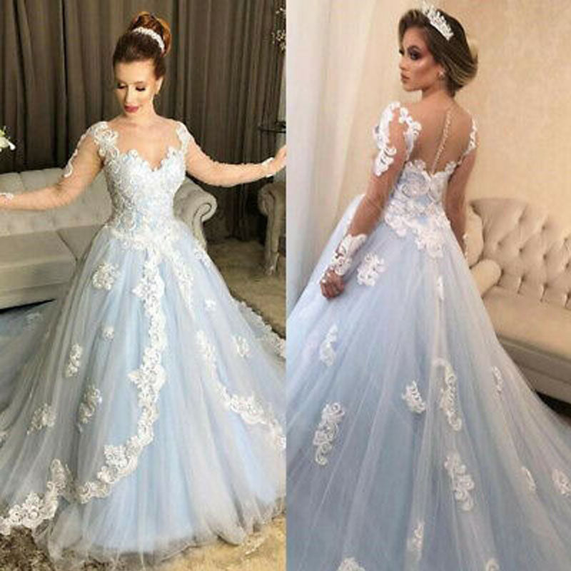 Luxury Ice Blue Lace Long Sleeves A-line Long Prom Dress, Gown Dress, PD3184
