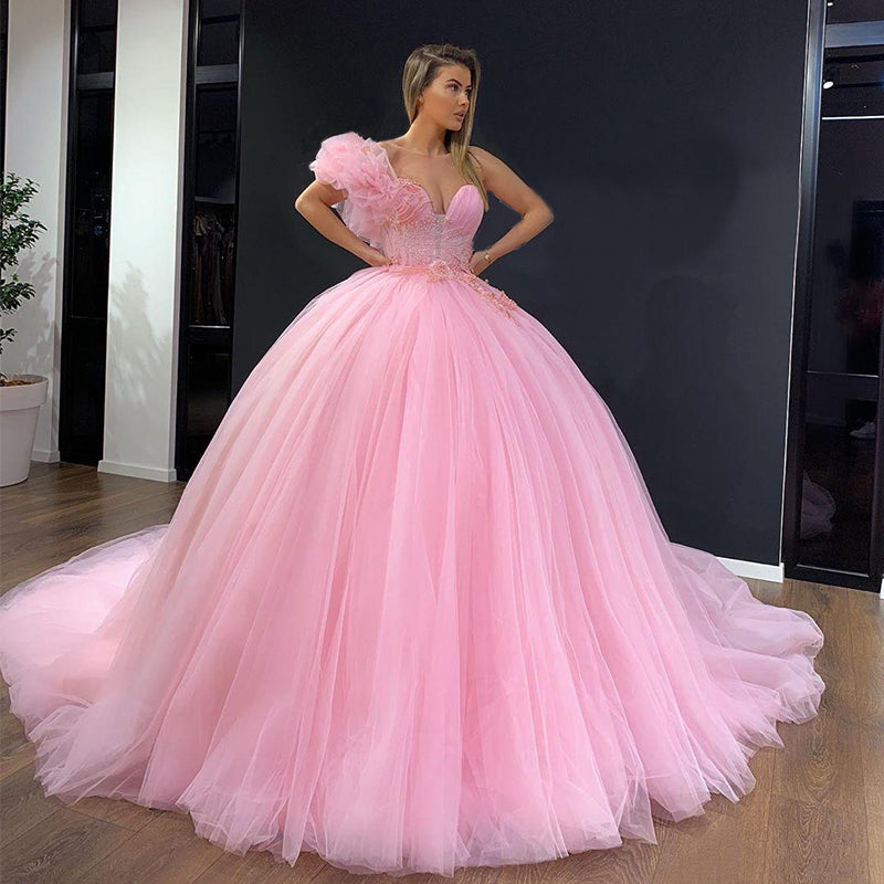 Luxury Pink One-shoulder Sweetheart Beads Appliques A-line Long Prom Dress, PD3411