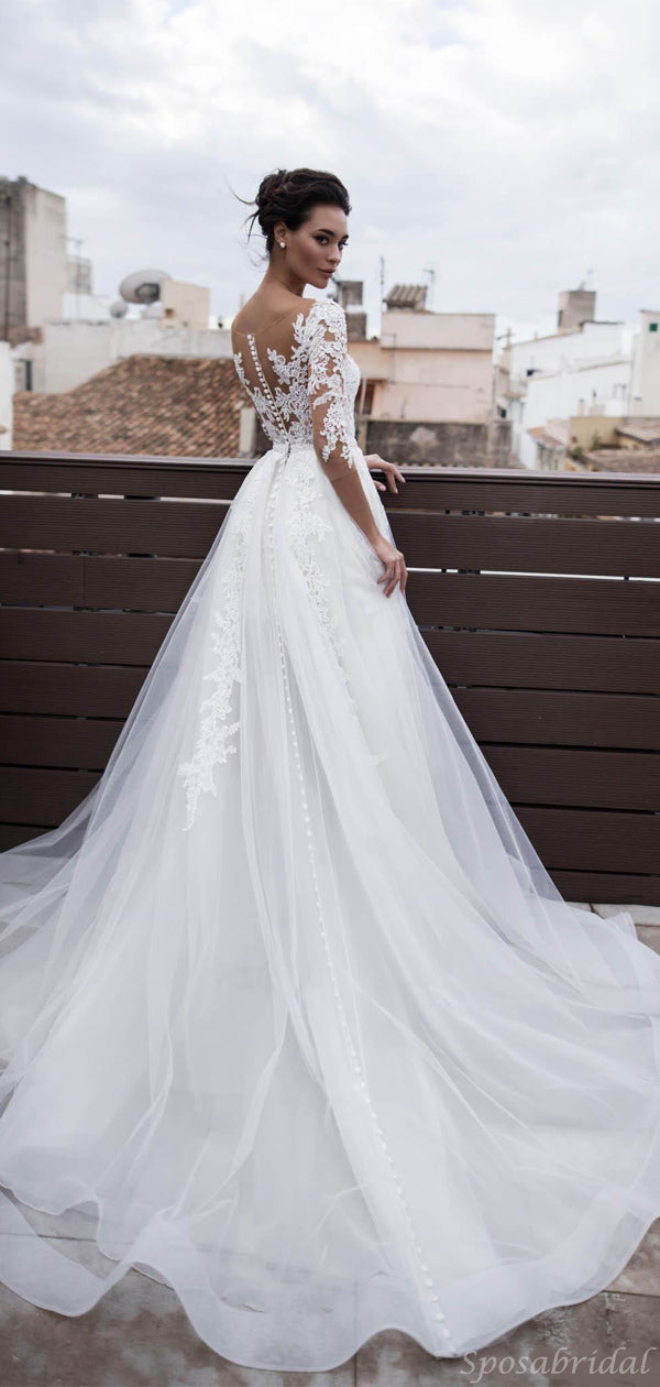 Luxury V-neck Lace Illusion A-line Detachable Long Wedding Dress, WD30 – SposaBridal Luxury V-neck Lace Illusion A-line Detachable Long Wedding Dress, WD30 – SposaBridal