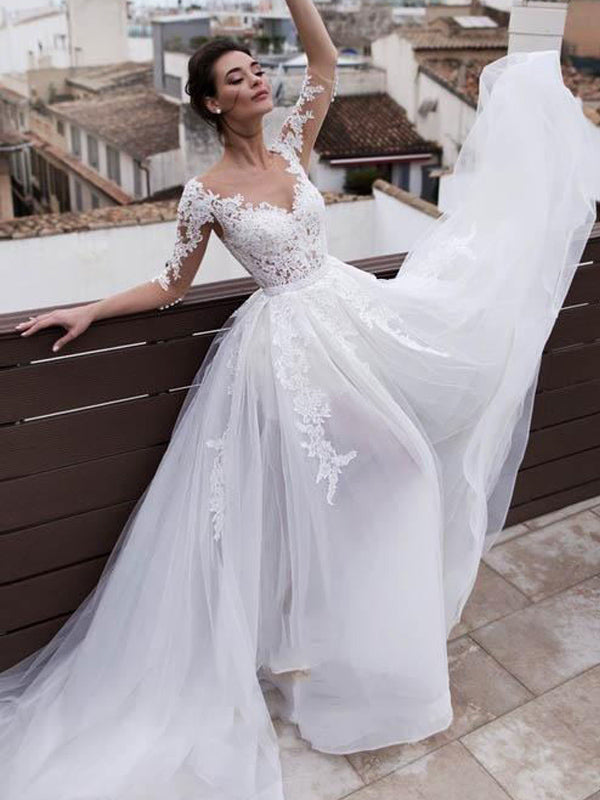 Luxury V-neck Lace Illusion A-line Detachable Long Wedding Dress, WD30 SposaBridal Luxury V-neck Lace Illusion A-line Detachable Long Wedding Dress, WD30 SposaBridal