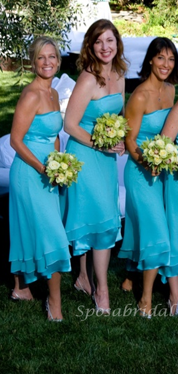Malibu Blue Straight Across Chiffon Cozy Beach Wedding Tea length Midi Bridesmaid Dress BD3050