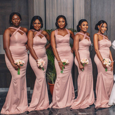 Mismatched Blush Pink Spaghetti-strap Sweetheart Mermaid Long Bridesmaid Dresses, BD3198