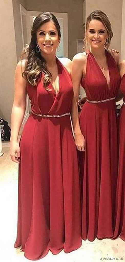 Mismatched Rust Red A-line Elegant With Belt Long Bridesmaid Dress, BD3207