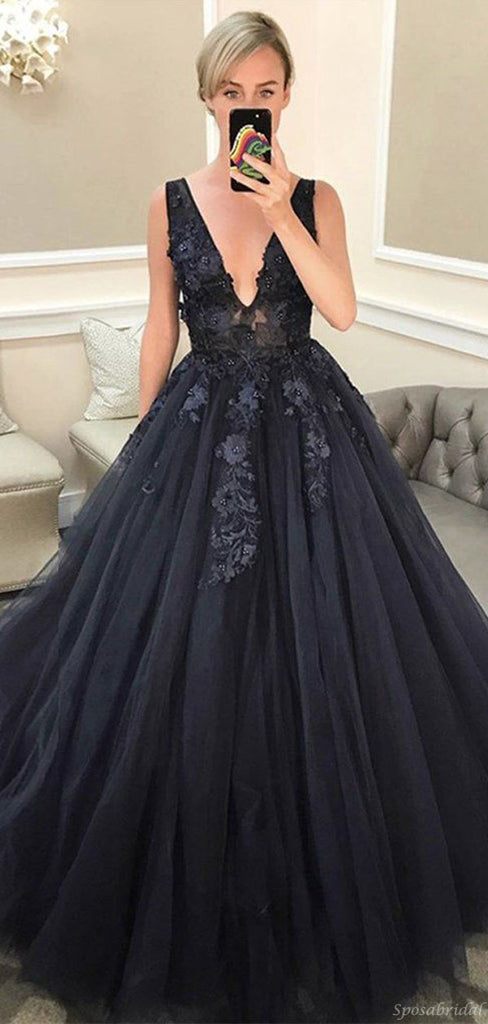 Modest Dark Navy Blue V-neck Lace Top A-line Long Prom Dress, Ball Gown, PD3200