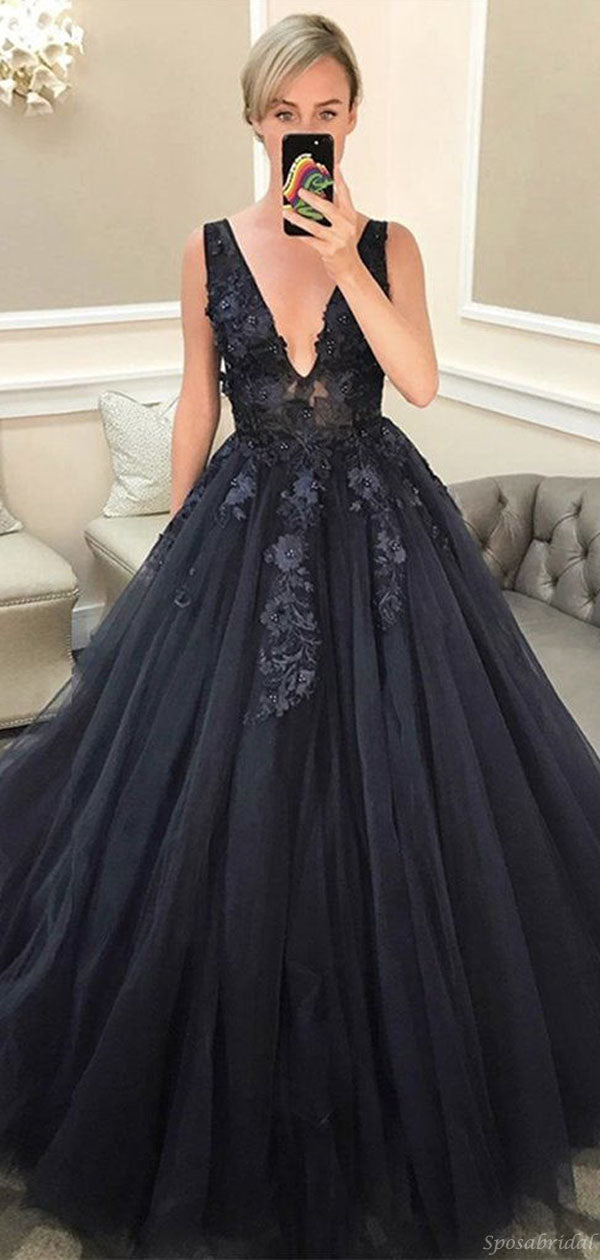 Modest Dark Navy Blue V-neck Lace Top A-line Long Prom Dress, Ball Gow SposaBridal Modest Dark Navy Blue V-neck Lace Top A-line Long Prom Dress, Ball Gow SposaBridal