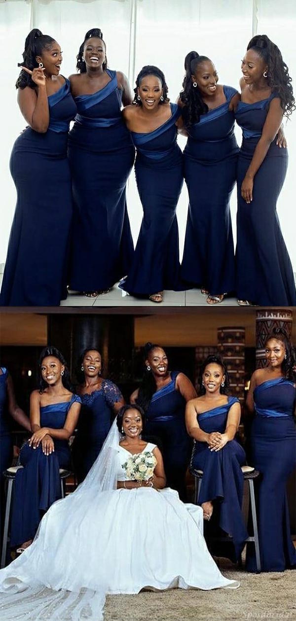 Modest One-shoudler Sleeveless Navy Blue Mermaid Long Bridesmaid Dress SposaBridal Modest One-shoudler Sleeveless Navy Blue Mermaid Long Bridesmaid Dress SposaBridal