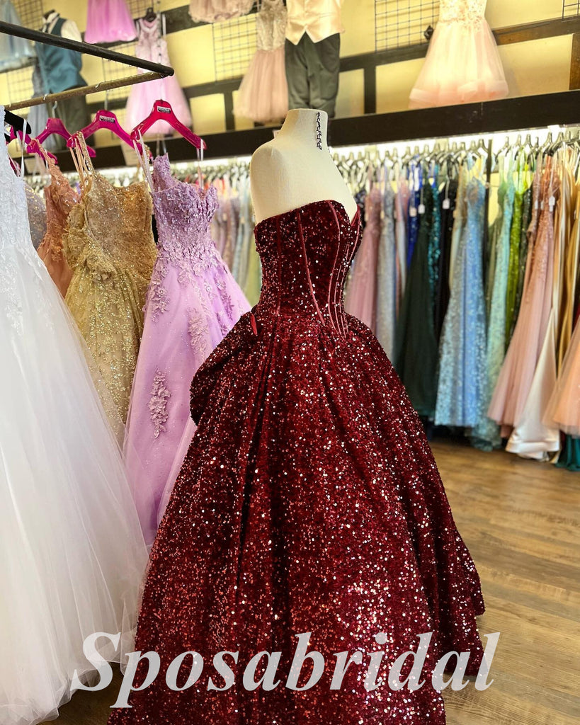 Elegant Sequin Sweetheart V-Neck Sleeveless A-Line Long Prom Dresses,PD3668