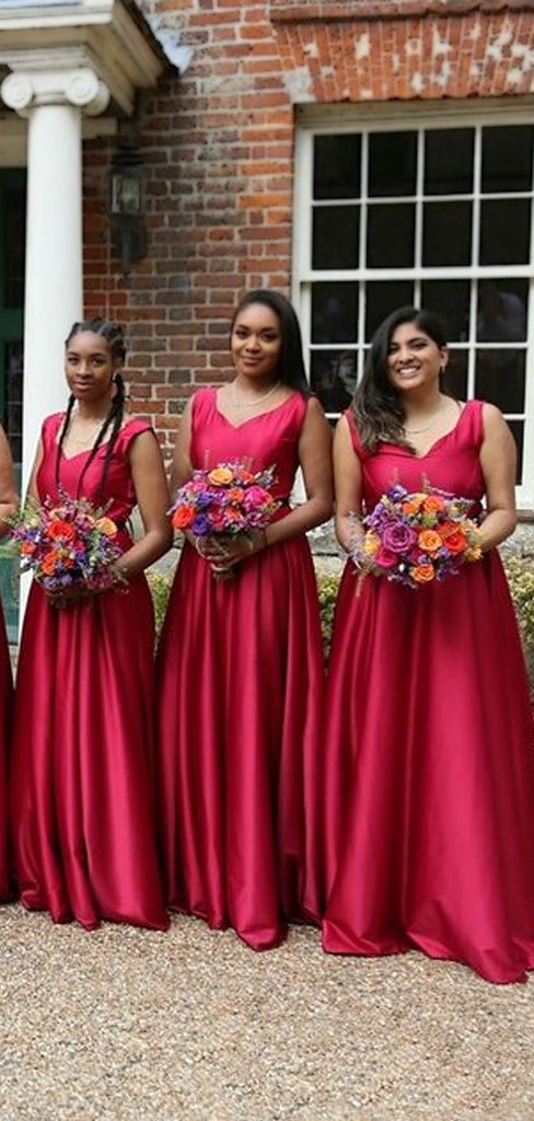 Multi Styles Hot Pink V-neck A-line Long Bridesmaid Dress, BD3067