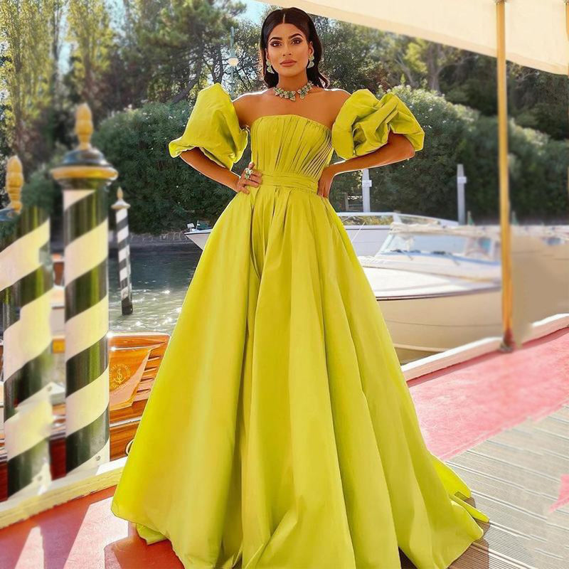 Mustard Green Strapless Pleats A-line With Sleeves Long Prom Dress Gow –  SposaBridal