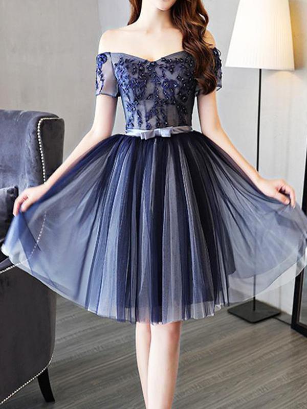 Cheap Off Shoulder Short Sleeve Navy Homecoming Dresses 2018, CM456 SposaBridal Cheap Off Shoulder Short Sleeve Navy Homecoming Dresses 2018, CM456 SposaBridal