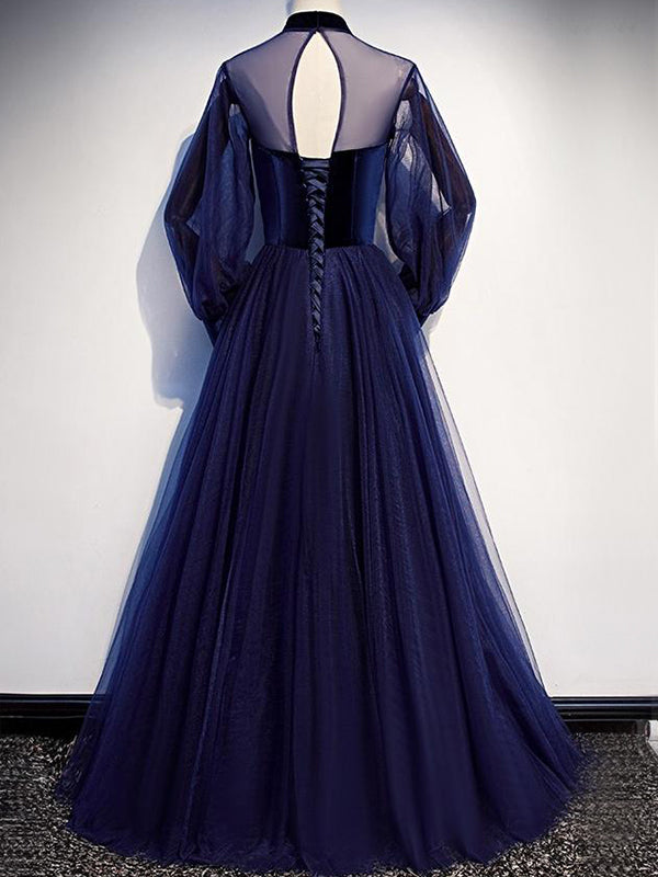 Navy Blue Long Sleeves Velvet Top Lace-up Back A-line Tulle Long Prom Dress, PD3286