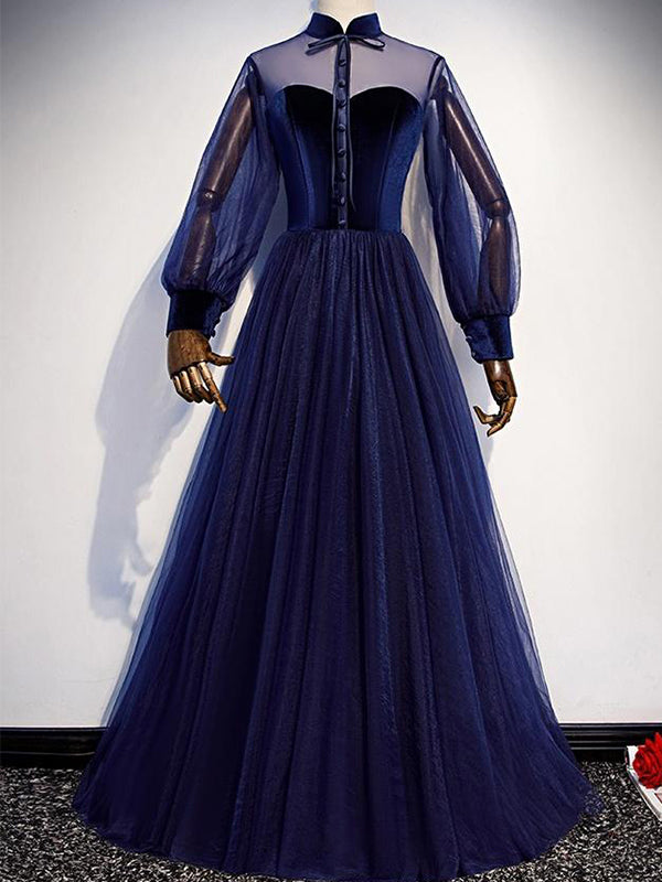 Navy Blue Long Sleeves Velvet Top Lace-up Back A-line Tulle Long Prom Dress, PD3286