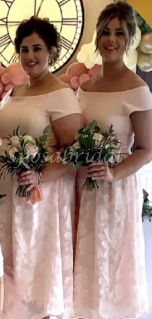 Off-shoulder Lace Tea-length A-line Bridesmaid Dress, BD3030