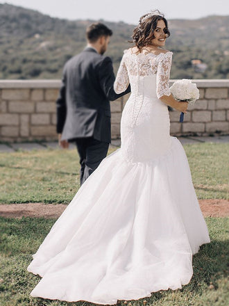 Off-shoulder Lace Top Mermaid Sexy Lace-up Back Long Train Wedding Dress, WD3074