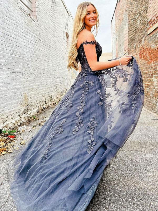 Off-shoulder Steel Grey Sweetheart Lace Side-slit A-line Long Prom Dre SposaBridal Off-shoulder Steel Grey Sweetheart Lace Side-slit A-line Long Prom Dre SposaBridal