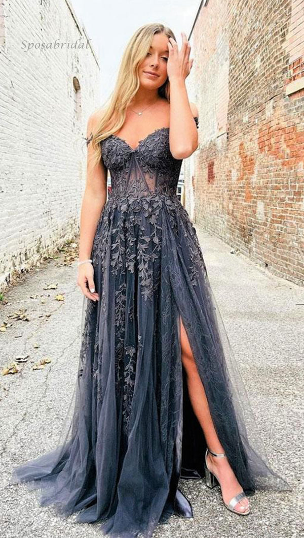 Off-shoulder Steel Grey Sweetheart Lace Side-slit A-line Long Prom Dre SposaBridal Off-shoulder Steel Grey Sweetheart Lace Side-slit A-line Long Prom Dre SposaBridal