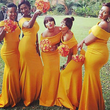 Off-shoulder Yellow Strapless Mermaid Floor-length Bridesmaid Dress, BD3146