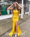 Sexy Soft Satin Spaghetti V-Neck Sleeveless Open Back Side Slit Mermaid Long Prom Dresses, PD3592