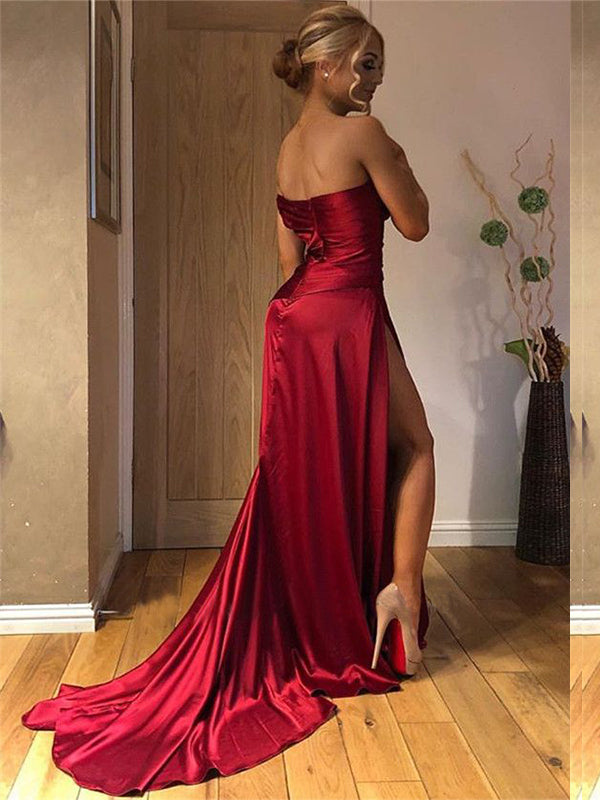 One-shoulder Dark Red High Side-slit Mermaid Long Tail Prom Dress, PD3 SposaBridal One-shoulder Dark Red High Side-slit Mermaid Long Tail Prom Dress, PD3 SposaBridal