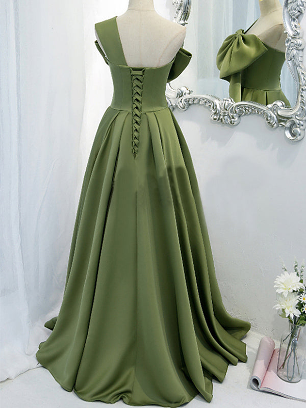 One-shoulder Sage Green Bow Tie A-line Long Prom Dress, Gown, PD3322