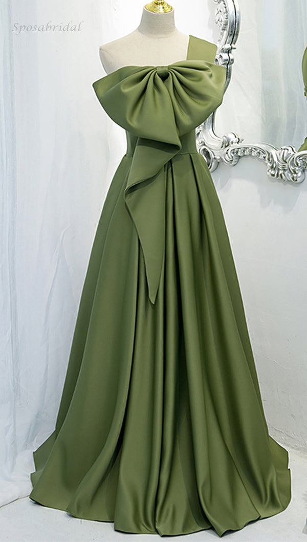 One-shoulder Sage Green Bow Tie A-line Long Prom Dress, Gown, PD3322 SposaBridal One-shoulder Sage Green Bow Tie A-line Long Prom Dress, Gown, PD3322 SposaBridal
