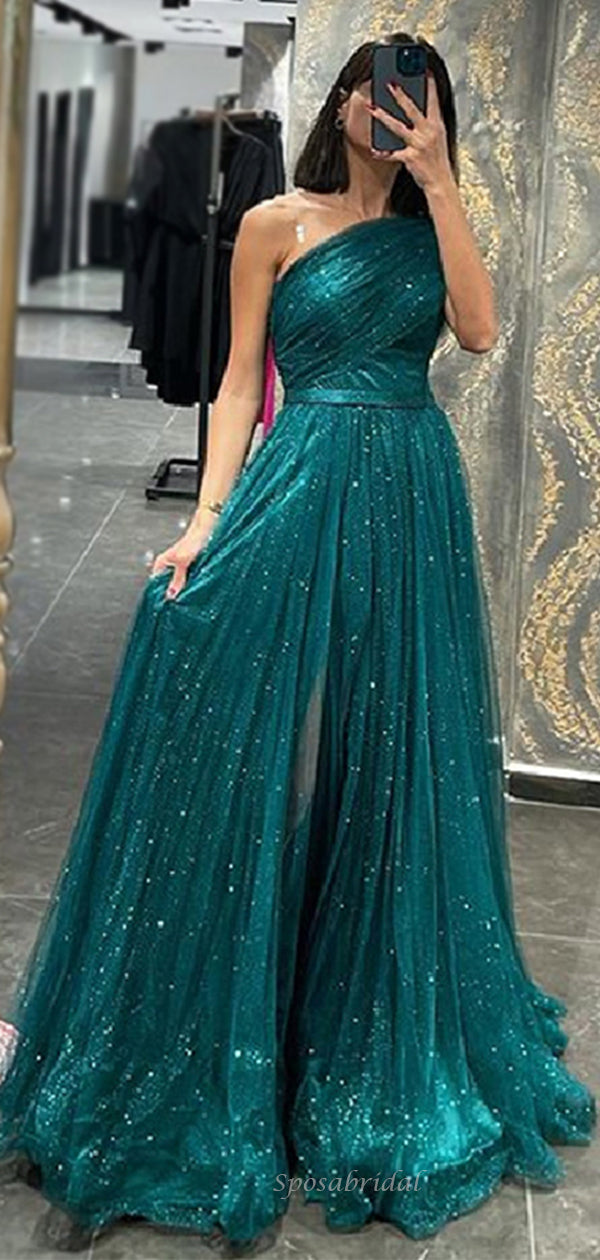 One-shoulder Sparkly Teal Green A-line Long Prom Dresses, PD3462 ...
