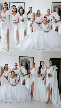 One-shoulder White Sweetheart Bow Tie Side-slit Long Mermaid Bridesmaid Dress, BD3249