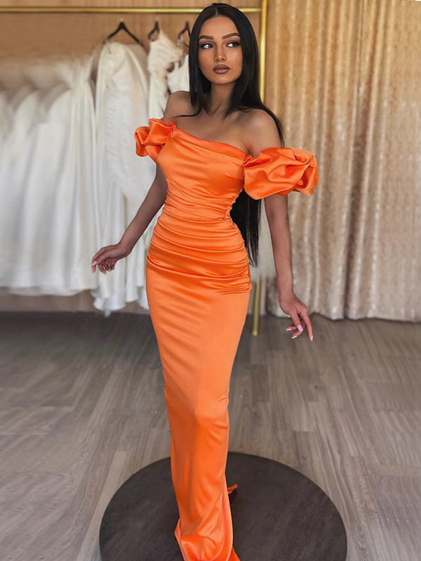Orange Off-shoulder Ruffle Sleeves Mermaid Pleats Long Prom Dress, PD3542