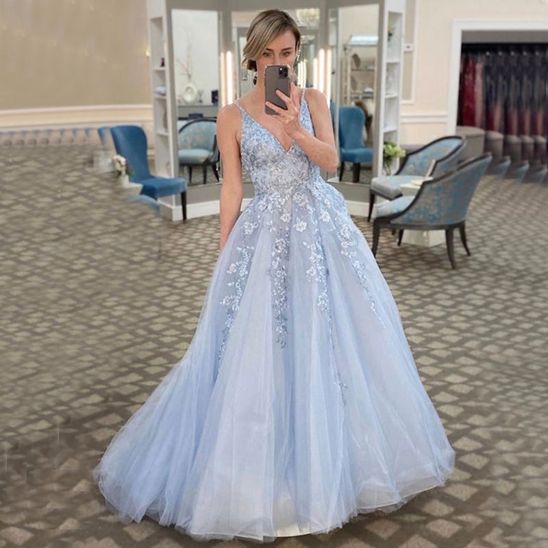 V-neck Lace Top Light Blue Long A-line Prom Dresses