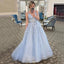 Pale Blue Spaghetti Straps V-neck Lace Top A-line Long Prom Dress, PD3412