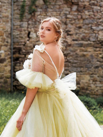 Pale Yellow Short Ruffle Sleeves Floral Top A-line Tulle Long Porm Dress, PD3293