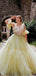 Pale Yellow Short Ruffle Sleeves Floral Top A-line Tulle Long Porm Dress, PD3293