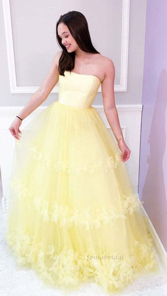 Pale Yellow Straight Across A-line With Flower Tulle Prom Dress, PD3426