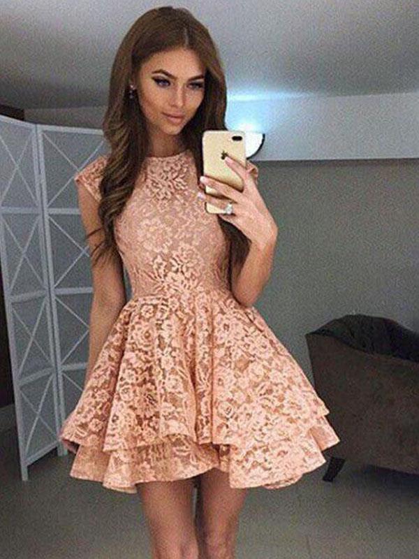 High Neck Peach Lace Cute Short Homecoming Dresses 2018, CM559