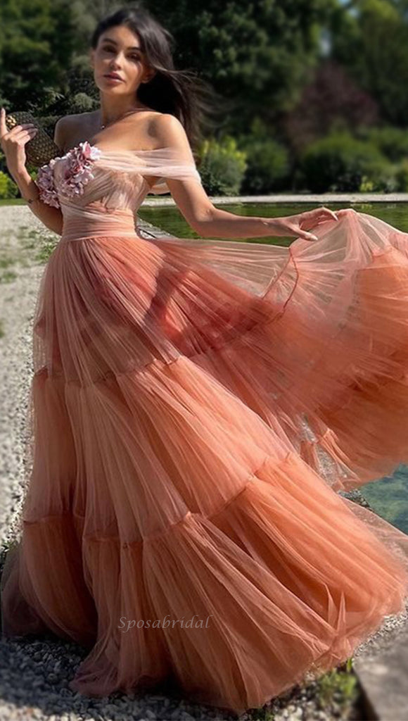 Gradient Coral Pink Off-shoulder Floral Lace Top A-line Long Princess Prom Dress, PD3396