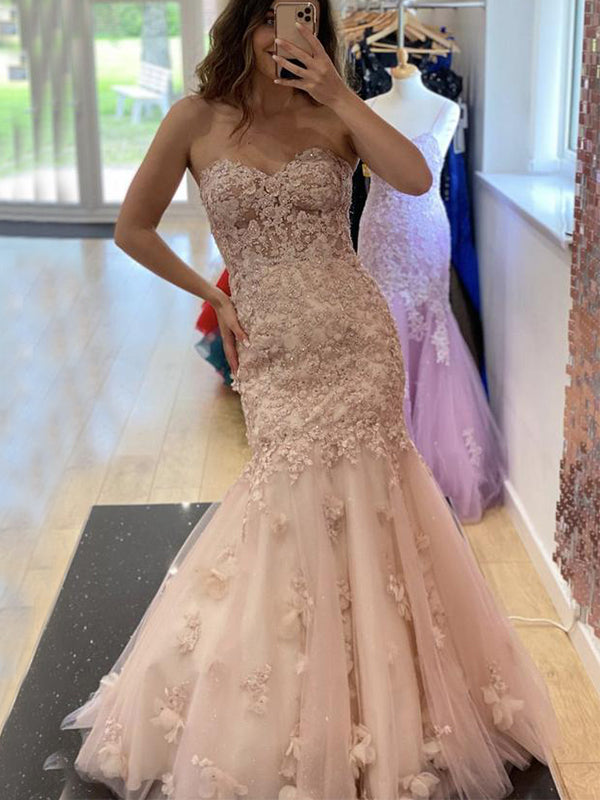 Pearl Pink Strapless Sexy Lace Sweetheart Mermaid Trumpet Long Prom Dress, PD3418