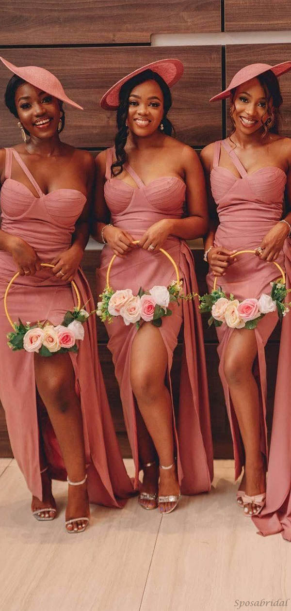 Pink Mismatched Spaghetti Strap Sweetheart Side-slit Mermaid Bridesmai – SposaBridal
