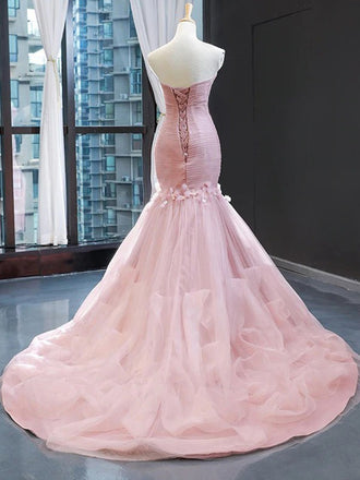 Pink Sweetheart Strapless Pleats Mermaid Trumpet Tulle Prom Dress, PD3484