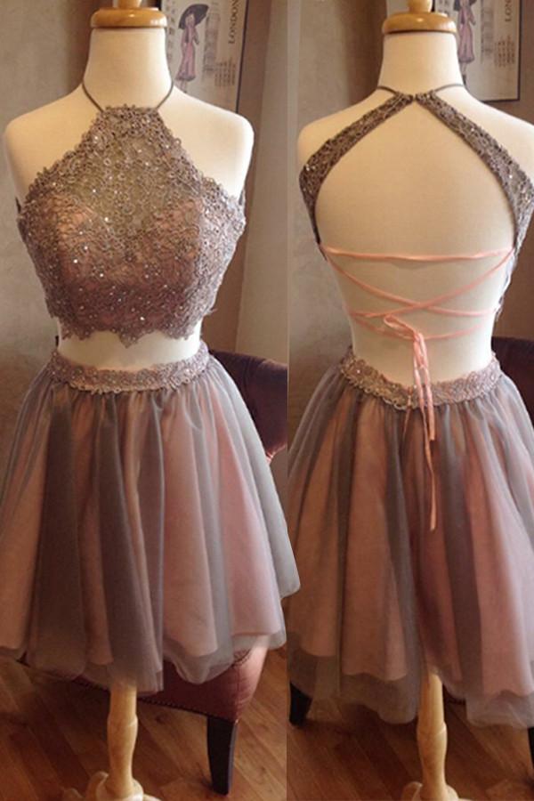 Short Two Pieces Open Back High Neck Graduation Homecoming Dress, Prom Dress for Teens, PD0352