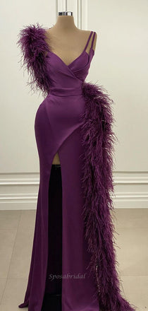 Purple Feather Sexy Straps Side-slit Mermaid Long Prom Dress, PD3489