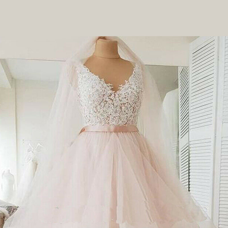 Sexy Blush Backless Lace Top A-line Cheap Wedding Dresses Online, WD337