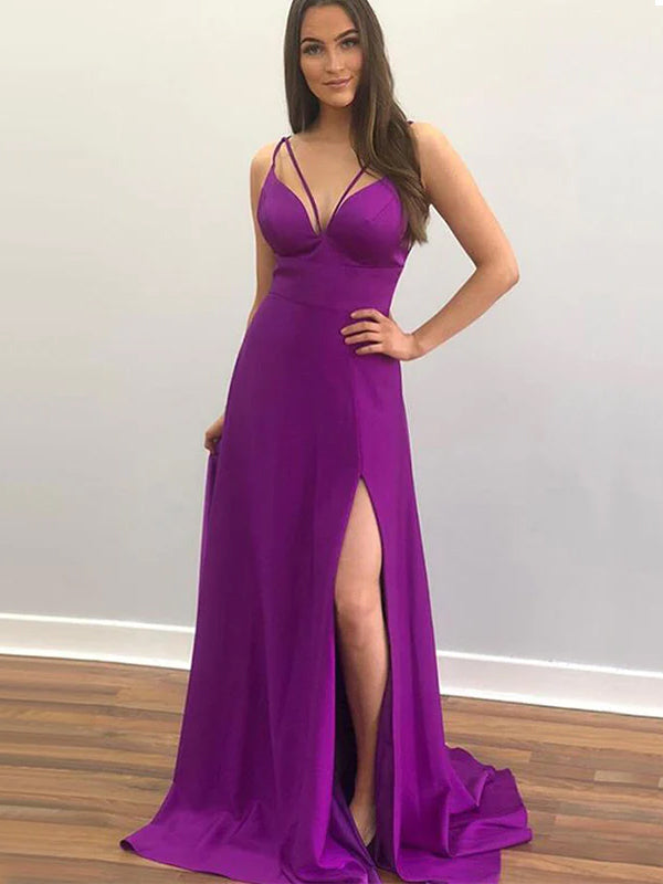 Sexy Purple Spaghetti Straps V-neck Side-slit A-line Long Prom Dress, SposaBridal Sexy Purple Spaghetti Straps V-neck Side-slit A-line Long Prom Dress, SposaBridal
