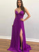 Sexy Purple Spaghetti Straps V-neck Side-slit A-line Long Prom Dress, PD3303