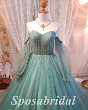 Elegant Tulle  V-Neck Long Sleeves A-Line Long Prom Dresses,PD3669