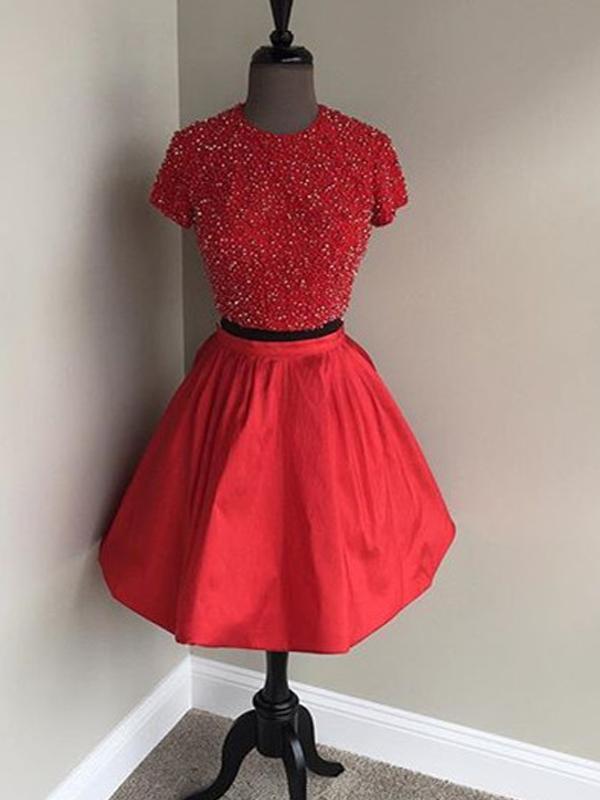 Two Pieces Short Sleeves High Neck Short Red Homecoming Dresses 2018, CM521