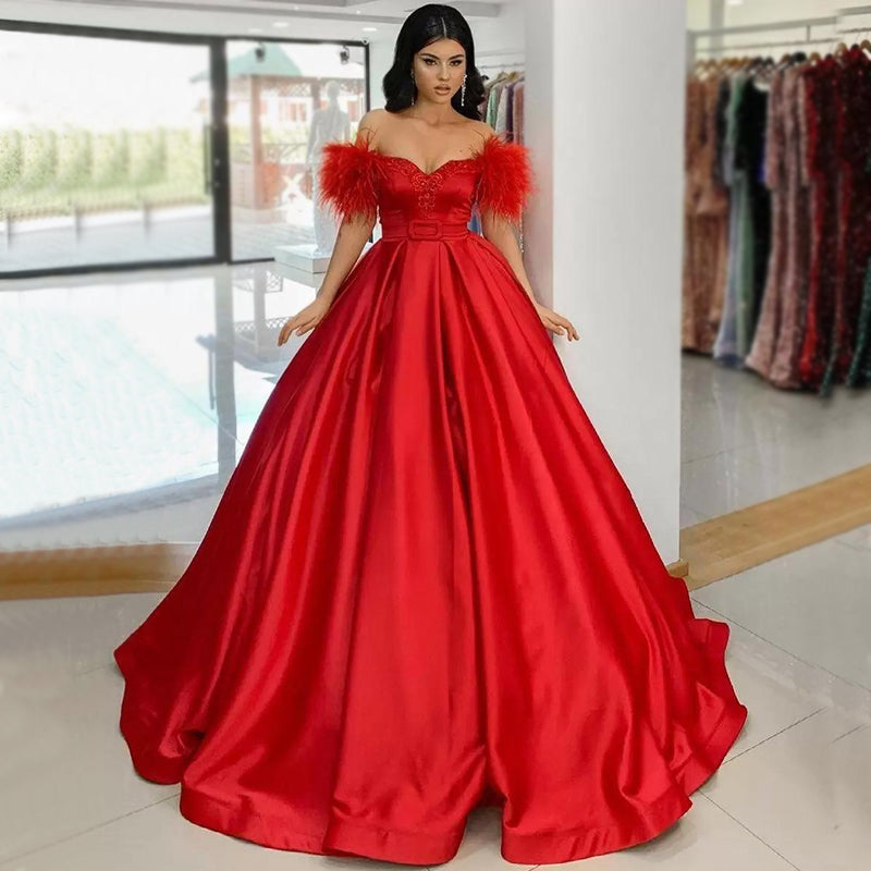 Red Elegant Formal Off-shoulder Feather Top A-line Long Prom Dress, PD3325